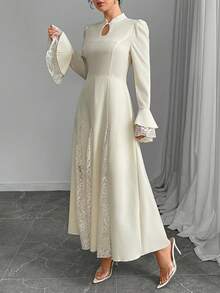 Modelyn 女士优雅混纺面料蘑菇扣腰部喇叭中长裙 - 杏色 - 查看 3