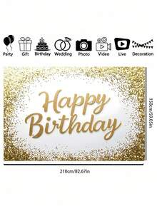 Luxury White And Gold Birthday Backdrop Fabric Banner For Party Decor, Elegant Anniversary Photography Background, Reusable Happy Birthday Sign For Indoor Outdoor WeddingShower Garden Wall Decoration Supplies - Multicolor - View 8