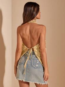 SHEIN BAE Gold Tie Back Draped Front Halter Top - Gold - View 7