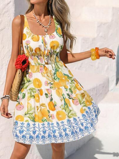 Vivid Eden Women's Summer Beach Vacation Style Square Neck Knot Splice Citrus Fruit Print Cinched Waist Short Dress,Vacation,Vacation Style,Tropical Vacation Woman Clothes, Women Summer Clothing, Lemon Print Dress,Summer Holiday Outfits, Graduation Dress,Summer Vacation Outfits,Holiday Outfits For Women