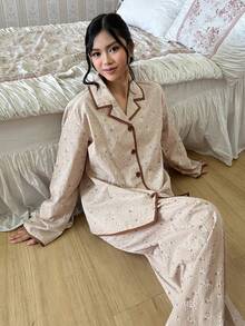 DAZY Bộ đồ ngủ dài tay và quần dài in họa tiết tối giản dành cho bé gái tuổi teen - Màu Khaki - Xem 3