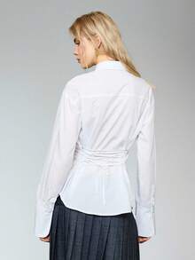 COUREZ Camisa con mangas largas y espalda anudada / Tops de verano Y2K sexy para salir, fiestas, festivales, elegante para salir y oficina - Blanco - Ver 3