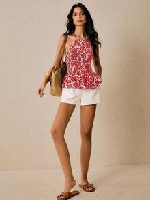 Poéselle Women's Halter Neck Sleeveless Backless Fashionable Summer Blouse With Ruffle Hem - Red - View 1