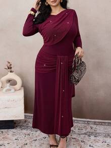 Modelyn Abito elegante da donna in stile francese, con patchwork, volant asimmetrici e maniche lunghe aderenti - Bordò - Visualizzare 3
