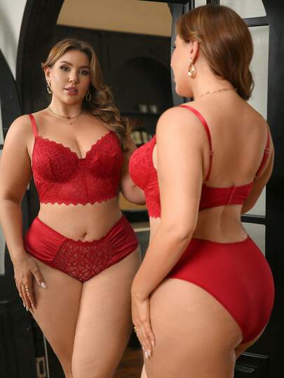2pcs Plus Size Lace Contrast Mesh Bra Set With Underwire