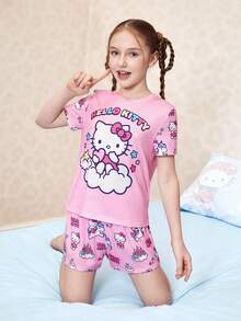 HELLO KITTY AND FRIENDS | SHEIN 少女可爱卡通字母图案短袖T恤和短裤睡衣套装，夏季 - 粉色 - 查看 3