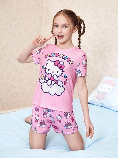 HELLO KITTY AND FRIENDS | SHEIN 少女可爱卡通字母图案短袖T恤和短裤睡衣套装，夏季