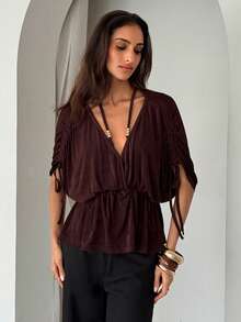Aloruh Women's Brown Deep V-Neck Loose Ruched Tie Waist Ruffle Hem Shiny Short Sleeve Blouse - Brown - View 5