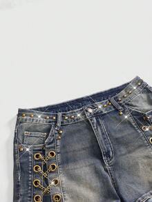 ROMWE Women's Y2K Sexy Bombshell Chain Decor Cross Low-Waist Mini Denim Shorts - Blue - View 3