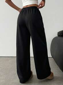 SHEIN Teen Girl Knitted Loose Casual Drawstring Pocket Wide Leg Sweatpants, Light Gray - Black - View 2