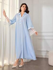 Al Najma Women's Elegant Daily Wear Light Blue Shirt Collar Floral Lace Sleeve Loose Long Arabic Dress - Blue - View 5