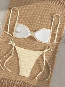 SHEIN Swim Women's 2 Pieces Set White Sparkle Bikinis,Adjustable Spaghetti Strap Shell Decor Backless Drawstring Swimwear For Summer,Casual,Vacation,Holiday - Beige - View 3