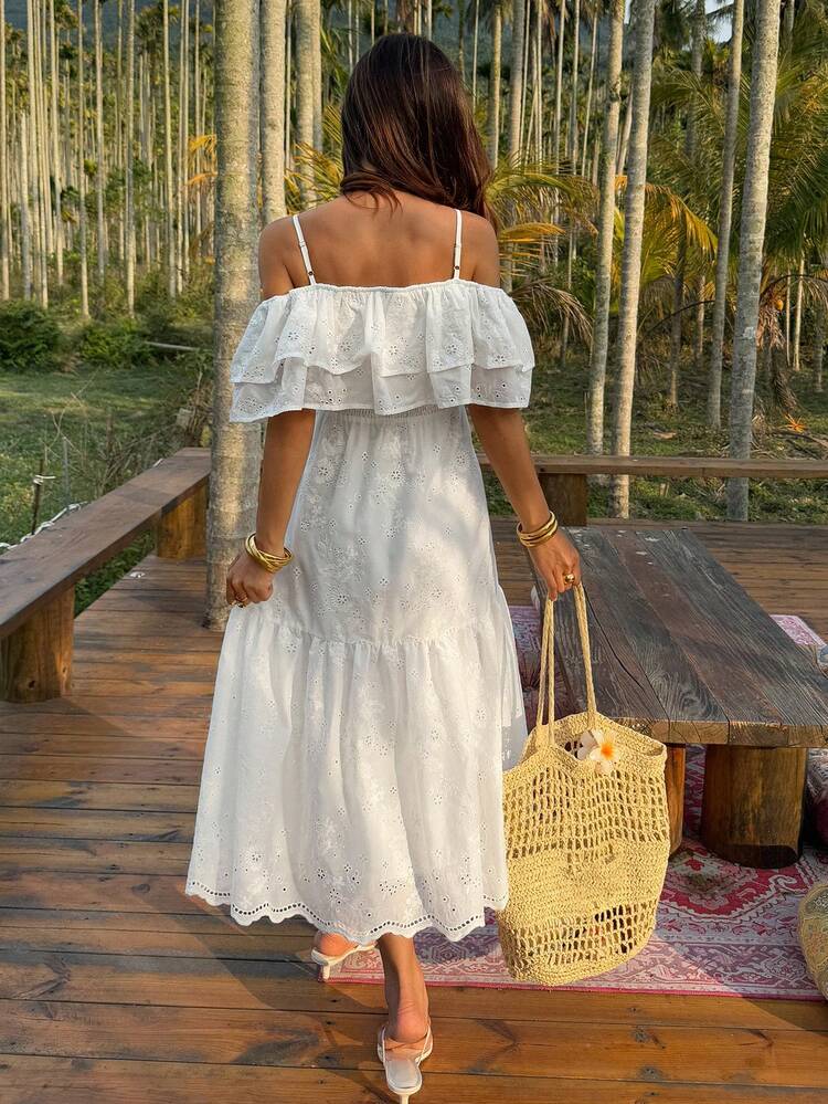 Women's Elegant Embroidered Off Shoulder Ruffle Hem White Midi Dress, Summer Wedding Guest Dress Sundress Boho