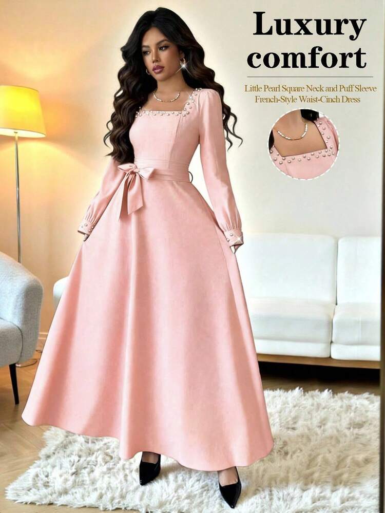 Rafferiza Elegant Burgundy Pearl Decor Vintage Square Collar Puff Sleeve Cinched Waist Ankle-Length Dress, Suitable For Formal Occasions, Weddings, Parties, Daily Wear, Autumn/Winter Elegant Pink Dress Pink Elegant Dress Curve Elegant Dress,Outdoor Clothing, Spring And Summer Clothing - Pink - View 1