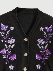 ROMWE Fairycore Women's Cardigan Moth Embroidered Vintage Knit Sweater - الأسود - مشاهدة 3
