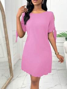 Selianne Women's Solid Color Round Neck Off-Shoulder Faux Pearl Rhinestone Casual Mini Dress For Dates And Outings - Pink - View 6