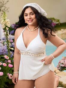 Swim Mod 大码女式露背贝壳链荷叶边上衣搭配常规三角泳裤，性感简约泳装，适合海滩和泳池穿着 - 白色 - 查看 4