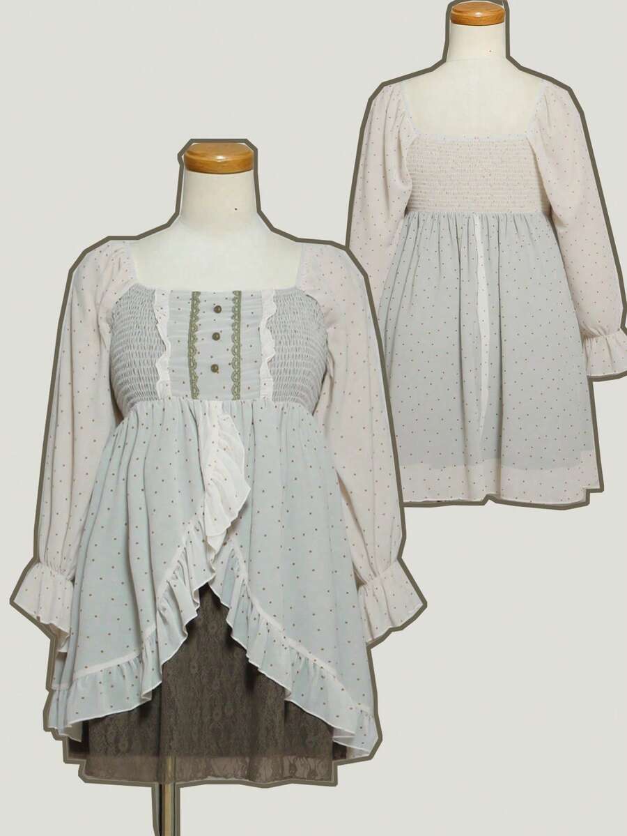 Sunspun 新款甜美优雅雪纺波点撞色蕾丝长袖方领A字连衣裙，收腰设计凸显身材曲线，不规则下摆短裙，飘逸波西米亚公主风吊带裙，春夏秋三季皆宜 - 彩色 - 查看 1