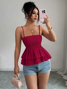 Elenzga 女士休闲度假雪纺镂空不对称叠层吊带衫 - 紅色 - 查看 1