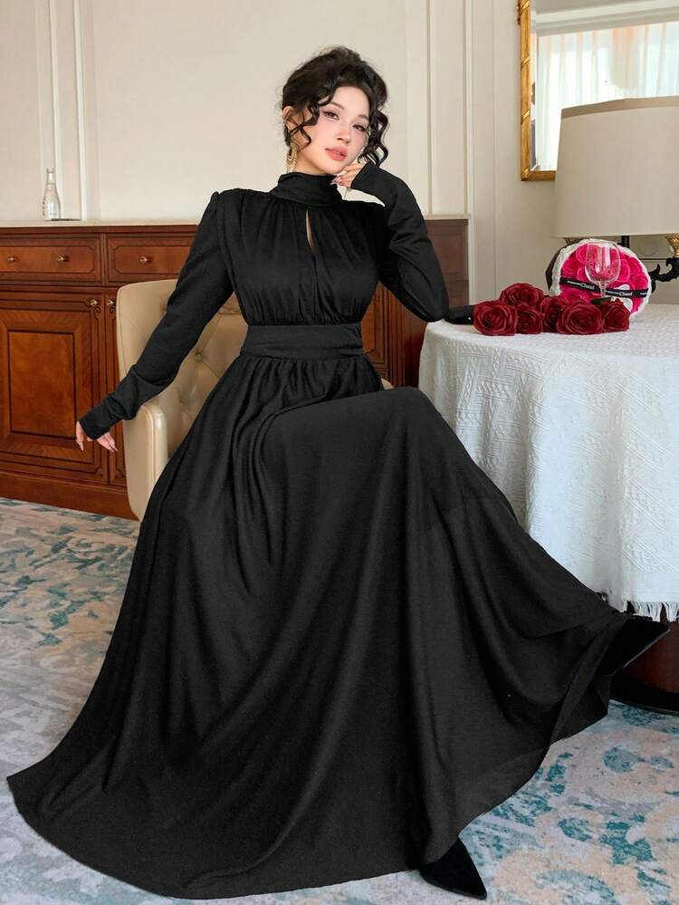 Women's Hollow Design Stand Collar Waist Cinched Maxi Elegant Party Dress Sundress
