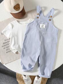 Bubblio 男女宝宝秋冬套装，连体裤，可爱小熊刺绣蓝白条纹背带裤，舒适百搭时尚休闲简约基础款，适合室内春季、户外滑雪、日常穿着、运动、玩耍、派对、节日、新年等场合。 - 藍色 - 查看 7