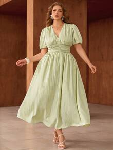 Roveilla Plus Size Women's New Spring Dress, Summer Ladies Clothing Textured Dress, Flared Hem Dress, Birthday Dress, Vacation Bohemian Style Elegant Wedding Guest Romantic Dress Summer Elegant Dress Smocked Women Dress Light Green Dress Women Elegant Summer Dress Women Casual Dresses Women Dresses Elegant Classic Picnic Dresses For Women Women's Dress Resort Wear Women Vacation Dress Summer Elegant Dresses For Women Long Casual Dresses For Woman - Light Yellow - View 5