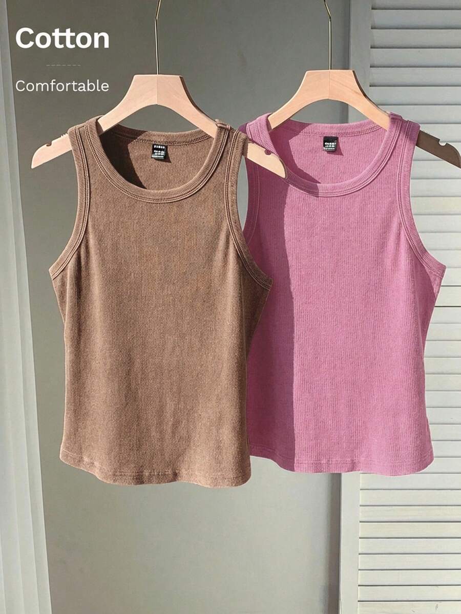 Comfortcana 2pcs Women Solid Color Sleeveless Tight Knit Tank Top Set - Hot Pink - View 1