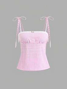 Sweetra Women's Sweet Pink Plaid Camisole And Wide Leg Straight Pants Set, Pastoral Style Romantic Casual Vacation Outfit, Spring/Summer - Pink - View 3
