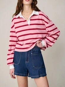 Nöista Polo oversize a rayas en color rosa y burdeos con cuello y cuello en color blanco contrastante. Primavera, verano para mujer, vacaciones, vacaciones casuales - Rosa - Ver 3
