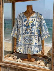 Rusticease Plus Size Women Tropical Shell Print White Blue,Summer,Boho,Casual,Vacation,Holiday Floral V-Neck Button Design Shirt,Retro Seaside Country Style Tops - Multicolor - View 7