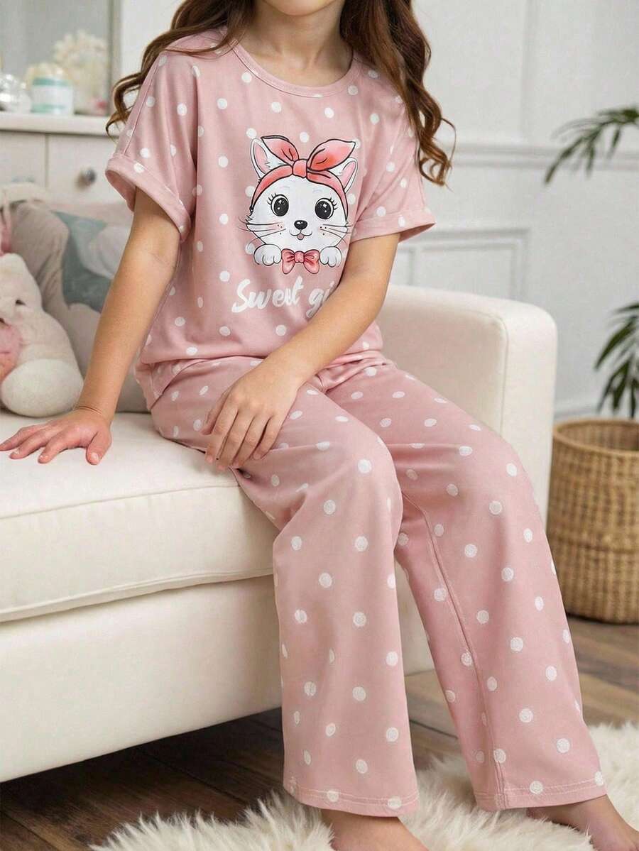 Genkimix Kids 2件套女童可爱兔子波点印花短袖上衣和宽松裤子休闲舒适睡衣 - 粉色 - 查看 1