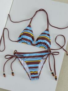 Swim Vcay Summer Vacation Sexy Striped Beaded Halter Backless Triangle Cup Bikini Set - Multicolor - View 3