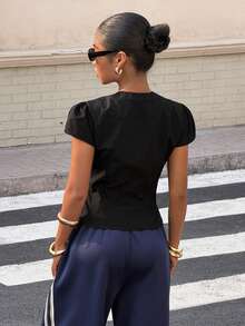 Muchica 女士纯色立领镂空休闲百搭日常短袖衬衫，春季女装 - 黑色 - 查看 2