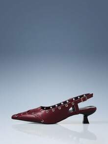 CUCCOO GRLICON Women's Rivet Buckle Pointed Toe High Heel Pumps - Burgundy - View 2