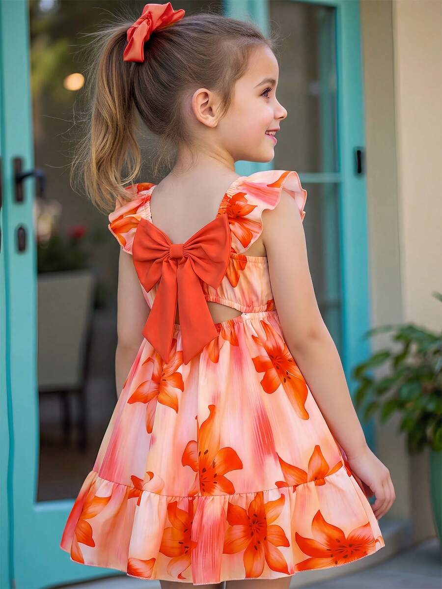 Elladie kids 少女热带假日风荷叶边蝴蝶结装饰彩色印花连衣裙,适合度假、夏季、旅行,可爱 - 珊瑚橙 - 查看 1