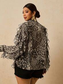 Travachic Plus Size Women Chiffon Leopard Print Long Sleeve Blouse, Leopard Print Ruffle Hem Shirt - Grey - View 2