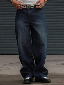 DAZY Spring Striped Textured Fabric Navy Blue Elastic Waist Men's Jeans - Navy Blue - View 7