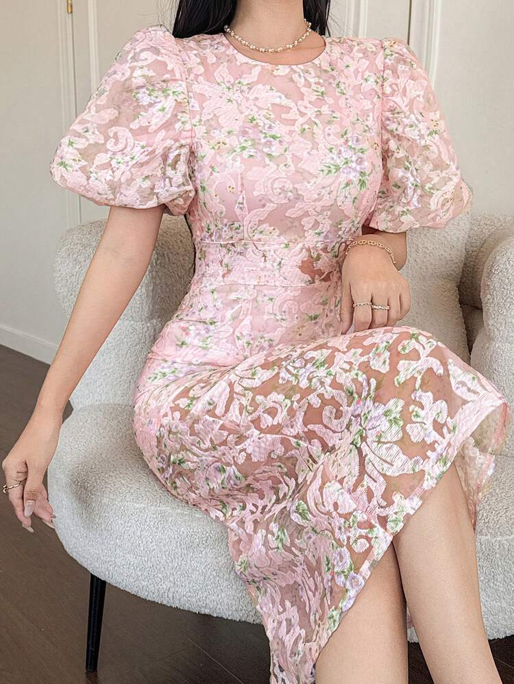 Women's Elegant Floral Puff Sleeve Dress, Summer Wedding Guest Dress Sundress