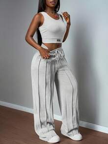 Slaydiva 2025 Autumn/Winter Casual All-Match Versatile Streetwear & Commute 2-Piece Set: Long Sleeve Sweatshirt & Pants, Women's Solid White & Gray Outfit Tall Two Piece Set Brunch 2 Piece Set Wide Leg Pants Set Grey Two Piece Set - Grey - View 7