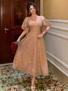 DAZY 女士优雅亮片V领荷叶袖中长连衣裙，夏季婚礼宾客礼服闪亮吊带裙 - 粉色 - 查看 6