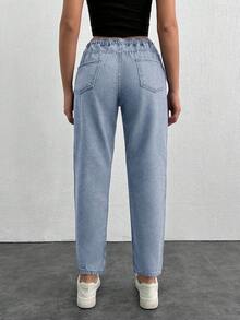 EURMUSE Women's Drawstring Waist Pocket Casual Tapered Leg Jeans - Dusty Blue - View 2