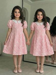 SHEIN 少女优雅提花刺绣领泡泡袖拼接喇叭下摆编织纹理提花连衣裙，粉色 - 粉色 - 查看 5