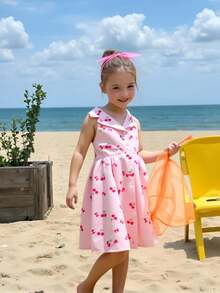 SHEIN Elladie kids Girls Summer New Fashionable Polo Collar Halter Backless Waist Cinched Sweet Versatile Vacation Dress Dresses Kids Girls Cherry Cute Summer Dresses For Kids Kids Casual Aline Sleeveless Dresses - Pink - View 6
