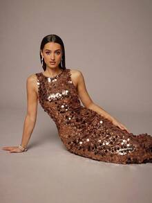 Silquee 女士纯色圆领无袖修身亮片派对连衣裙 - 香檳色 - 查看 4