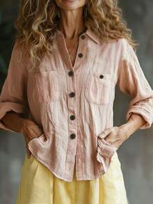 EMERY ROSE Women's Turn-Down Collar Single-Breasted Pocket Casual Versatile Daily Wear Long Sleeve Shirt - Pink - View 3