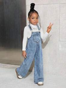 SHEIN Young Girl Casual Fashion Street Loose Wide-Leg Denim Bib Pants, Suitable For Daily Commute - Dark Wash - View 4