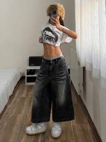 StreetHx 女士纯色斜插口袋休闲百搭阔腿牛仔裤 - 深灰色 - 查看 3