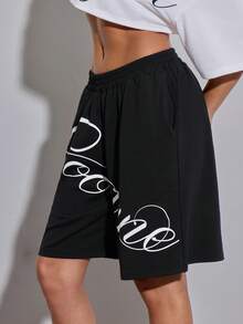 SHEIN ICON Loose Fit English Print Women Shorts - Black - View 4