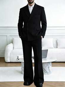 HUEFORM Men's Black Woven Twill Business Formal Suit Men Double Breasted Suit Men S Office Clothes Man Suit Men Suits Black Formal Wear Old Money,Daily Leisure, Weekend Trips, Outdoor Activities, Travel Expeditions, Relaxed Work Environments Or Semi-Formal Occasions, Boyfriend/Husband Gift, Anniversary /Birthday Gift Party Summer Vacation Holiday, Wedding,Spring To Summer Men Suits With Bell Bottoms - Black - View 6