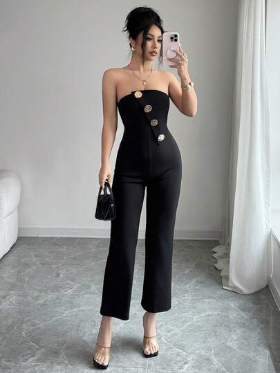 SHEIN PETITE 女士性感不对称纽扣装饰紧身连体裤